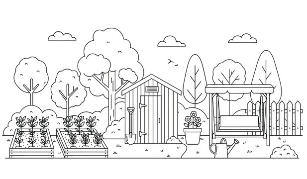 a detailed line drawing depicts a quaint garden scene with a small wooden house lush plants and a cozy swing set creating a peaceful outdoor