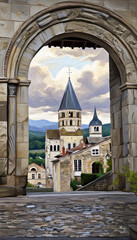 Art-style view of Cluny village with cathedral spire through stone archway — France historical...