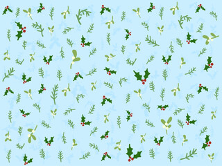Seamless winter holly and mistletoe pattern on light blue background