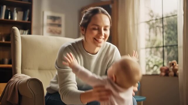 Young mother working from home puts her laptop aside to give her baby attention. The cute toddler crawls to her mom and receives a warm, loving hug in a cozy living room