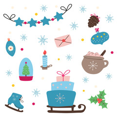 Cute Christmas ornament clipart set with sleigh, gifts, candle, cocoa mug, garland and stars. Cozy flat vector collection for winter holiday decor, kids designs, nursery graphics