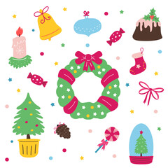 Fototapeta premium Cute Christmas wreath clipart set with ribbon, candles, bell, tree, sweets and ornaments. Bright playful flat vector bundle for kids and nursery designs, greeting cards, stickers and scrapbook