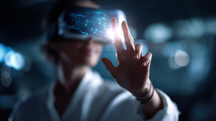 Faceless woman interacting with holographic interface wearing VR glasses heavily defocused futuristic setting background anonymous user with virtual reality technology immersive