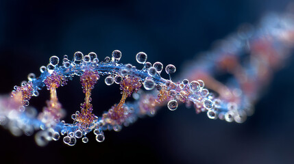 Futuristic DNA double helix detailed texture and droplets, illustrating synthetic biology, mutation, and evolution. Elegant, high-contrast, micro-world meditation