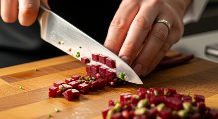 Professional chef hands with a precise mood dicing red beetroots using a knife against a wooden board background