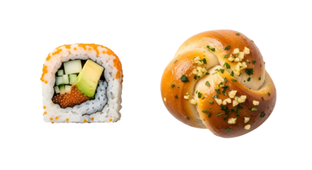 Sushi roll with avocado and cucumber, and a garlic knot bread roll isolated on transparent background
