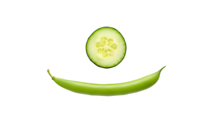 Cucumber slice and green bean forming a smiley face isolated on transparent background