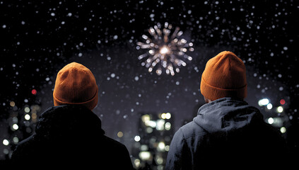 Fototapeta premium Friends watching fireworks over city in winter evening