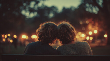 Couple or friends leaning heads together on a bench in a glowing evening park. The scene captures emotional support, calmness, and seasonal reflection