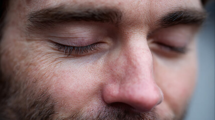 Young man closing eyes finding calm and rest