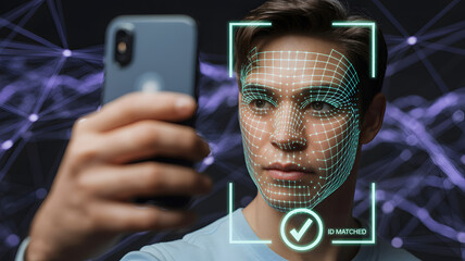 Young man using smartphone face recognition with neon biometric mesh, cyber security id scan, futuristic ai technology, digital identity verification checkmark, abstract purple network connection.