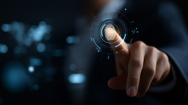 Biometric fingerprint authentication using passkey security heavily defocused digital interface background futuristic icons and user identity verification concept