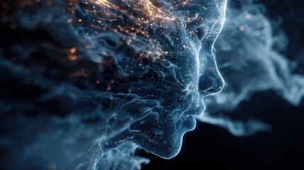 luminous digital human profile emerging from a swirling cloud of glowing particles symbolizing artificial intelligence data streams and the intricate essence of consciousness