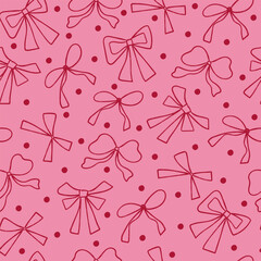 A seamless pattern with outline bows and polka dot elements on a pink background. A feminine, festive design for wrapping paper or fabric.