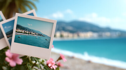 Instant prints showing holiday travel memories at beach resort