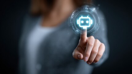 woman pressing a glowing chatbot icon on a virtual screen representing artificial intelligence automation and digital communication