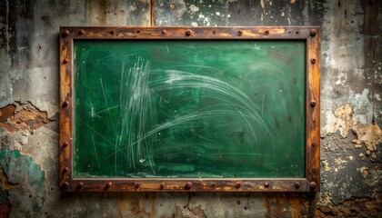 Old green chalkboard with chalk smudges mounted on rust-stained, peeling wall in abandoned setting.