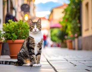 Focused tabby cat sits on a narrow brick street, floral pots in the background, looking straight ahead