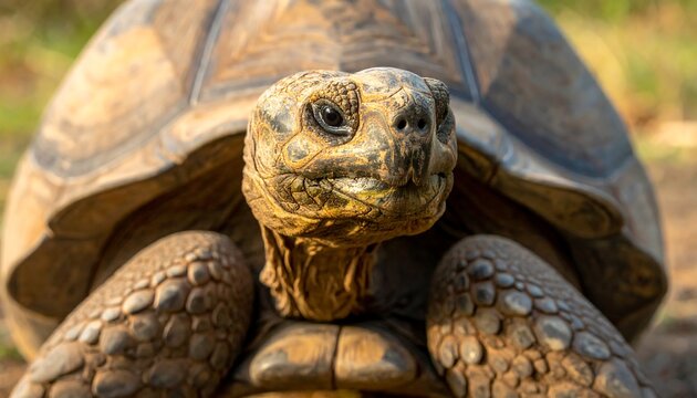 Focused tortoise portrait shows wrinkled skin and a textured shell against a blurred green and brown background