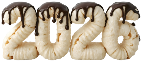 A festive “2025” number is formed from soft pastries and topped with dripping dark chocolate glaze against a , creating a playful and appetizing New Year concept.