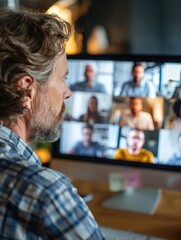 Obraz premium business man talking with diverse team people having digital group video call global conference working leading online virtual meeting training on pc computer over shoulder videocall screen view no l