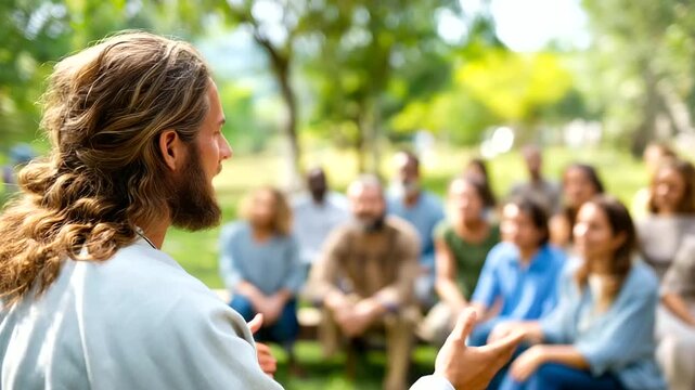 Faceless figure in simple robes teaching group of seated people, spiritual wisdom sharing, outdoor setting with natural light, defocused listeners, educational biblical scene, with