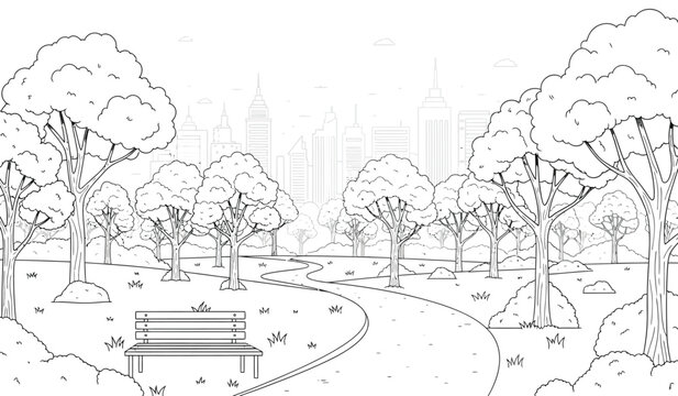 a serene park scene unfolds with lush trees a winding pathway a solitary bench and a distant cityscape all rendered in detailed monochrome linework