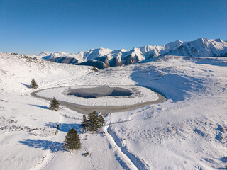 Snowy landscape at Lac de Soum. Val d'Azun. Col du Soulor. Hautes-Pyr&eacute;n&eacute;es
