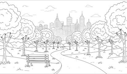 Obraz premium a detailed black and white illustration showcases a serene city park with winding pathways lush trees and a distant cityscape skyline creating a peaceful scene