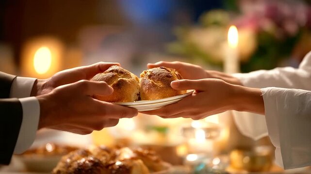 Faceless hands breaking bread in communion gesture, sacred meal symbolism, warm intimate lighting, defocused table setting, spiritual sharing moment, with copy space