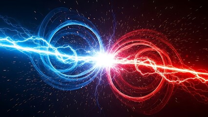 Electricity collides in a vibrant explosion of blue and red sparks against a dark, starry background