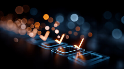 Abstract digital checklist interface with checkmarks heavily defocused glowing bokeh lights background representing progress completion and data processing task management