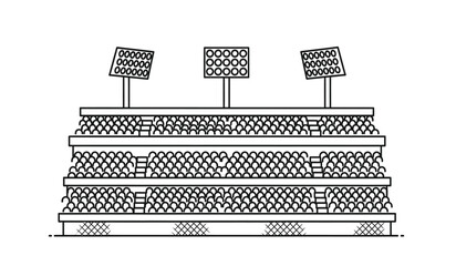 A minimalist black and white line drawing depicts a stadium with tiered seating and three prominent floodlights atop the structure high quality professional