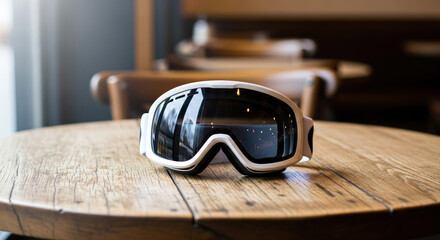 Ski goggles on wooden cafe table in bright setting with blurred background. Ski goggles showcase modern design, perfect for winter sports enthusiasts enjoying warm beverages in cozy cafe.