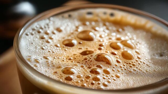 Close-up macro of creamy milk foam with bubbles of various sizes, dairy texture detail, coffee art preparation, latte foam structure, beverage photography, with copy space