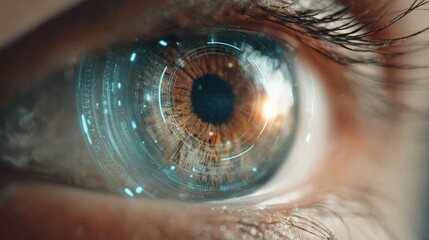 human eye overlaid with futuristic digital interface and glowing light effects