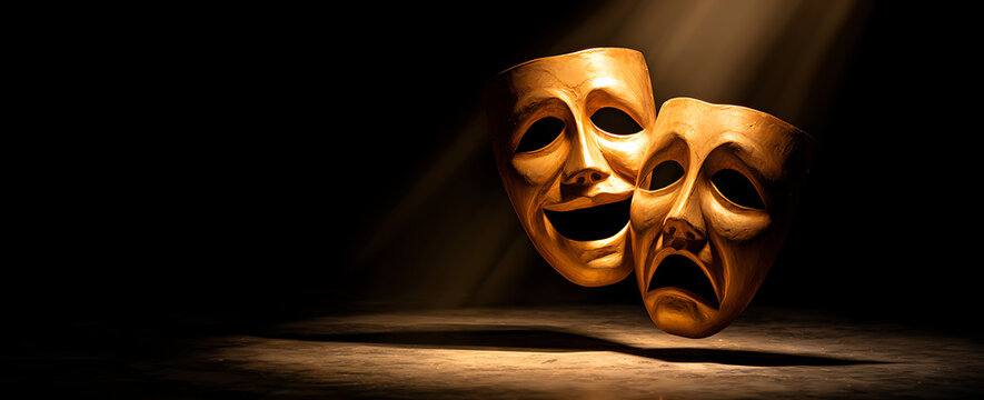 Golden drama masks portraying comedy and tragedy