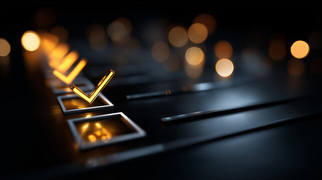 Abstract digital checklist interface with checkmarks heavily defocused glowing bokeh lights background representing progress completion and data processing task management - Powered by Adobe