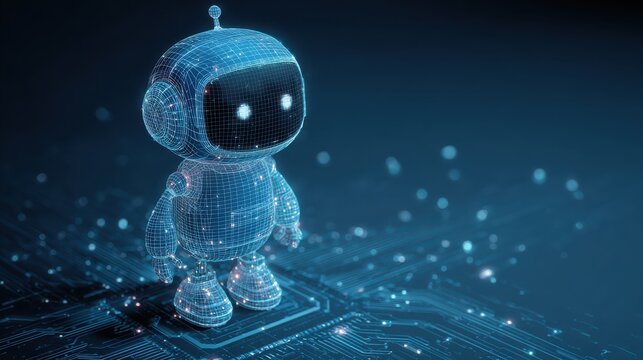 3d vector ai robot consists of wireframe polygons and connected dots on a technology blue background ai chip and chatbot on futuristic circuit bg isometric bot character vector illustration 