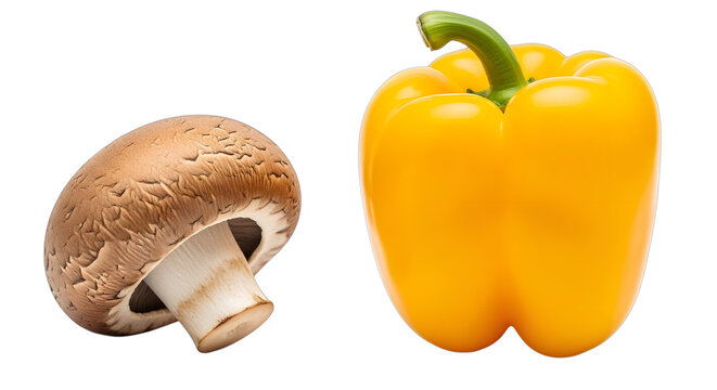 A brown mushroom and a yellow bell pepper, isolated on transparent background