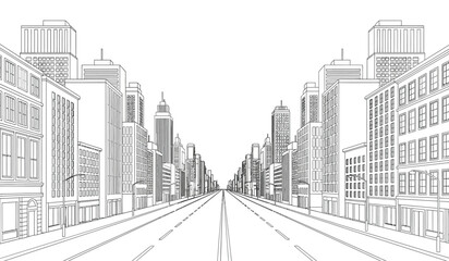 an architectural rendering depicts a long straight road leading through a densely populated city with tall skyscrapers and buildings in a sketch style