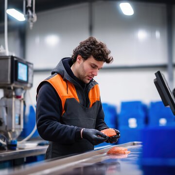 Professional salmon fishery worker examining fresh salmon with gloves, modern industrial packaging environment, low-angle Scandinavian photography, blue containers, industrial lighting.