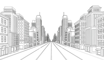 a detailed illustration presents a symmetrical cityscape with tall buildings lining a long straight avenue creating a striking architectural drawing high quality professional