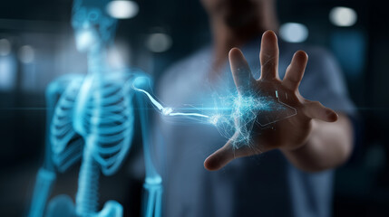 Futuristic human body scan with glowing blue digital interface heavily defocused background medical technology visualization health monitoring display biometric analysis