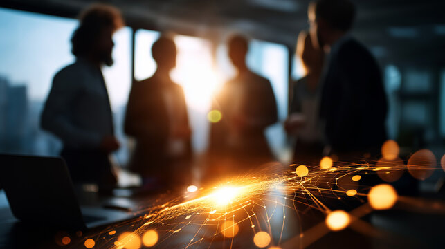 Faceless diverse team collaborating around glowing holographic data interface heavily defocused sunlit office background anonymous professionals with innovation digital transform - Powered by Adobe