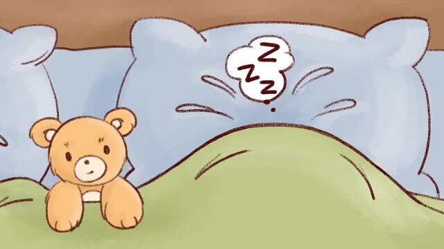 2D animation. Kawaii hand-drawn girl yawning in bed with teddy bear. She turns to a mystery sleeper under the blanket. Cute pastel cartoon, close-up portrait, cozy morning routine, aesthetic style.