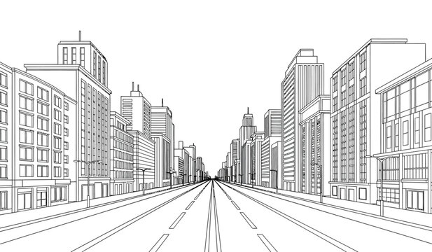 a detailed black and white line drawing depicts a long straight city street stretching towards the horizon flanked by numerous skyscrapers and buildings