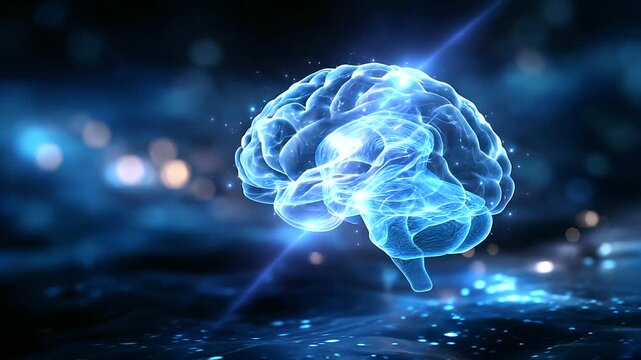 Glowing neon blue brain hologram against dark futuristic starry background, artificial intelligence concept, neural network visualization, sci-fi technology, cognitive computing im