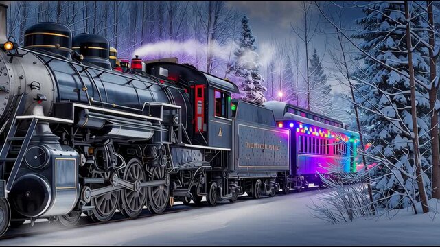 old steam locomotive, train in forest with christmas lights