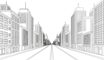 Fototapeta premium A detailed line drawing showcases a long straight city street receding into the distance framed by tall buildings and a clear sky